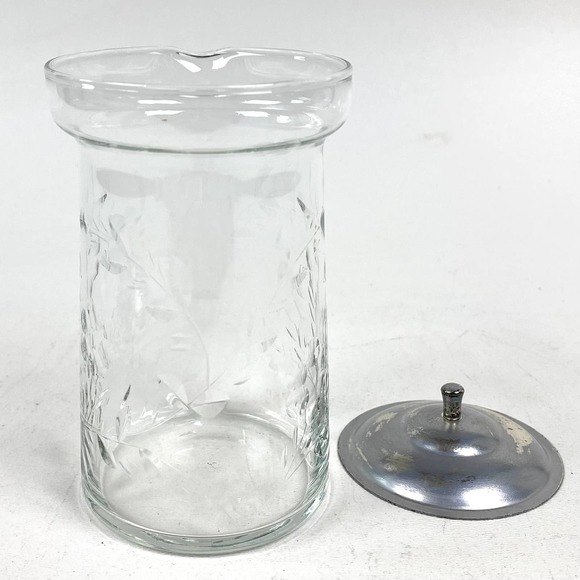 Depression Clear Glass Creamer with Metal Lid Etched Floral Vine - Picture 5 of 11